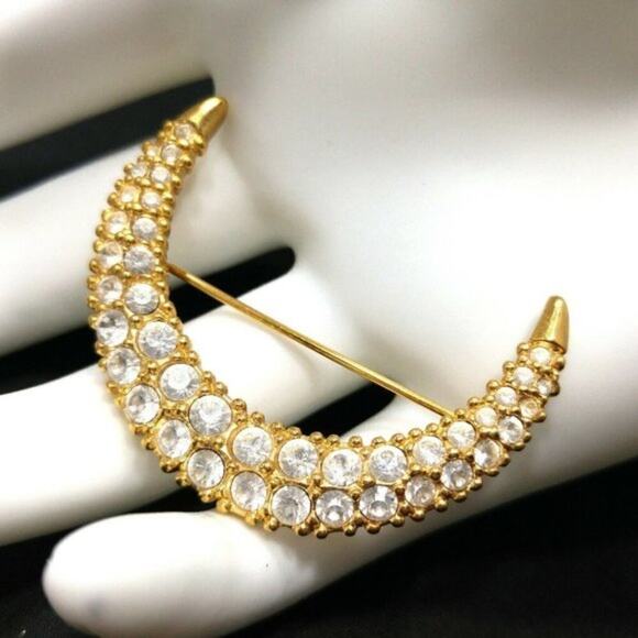 Crescent Moon Swarovski Signed Swan Logo Crystal Rhinestone Brooch, 1 3/4 Inches - Picture 2 of 9